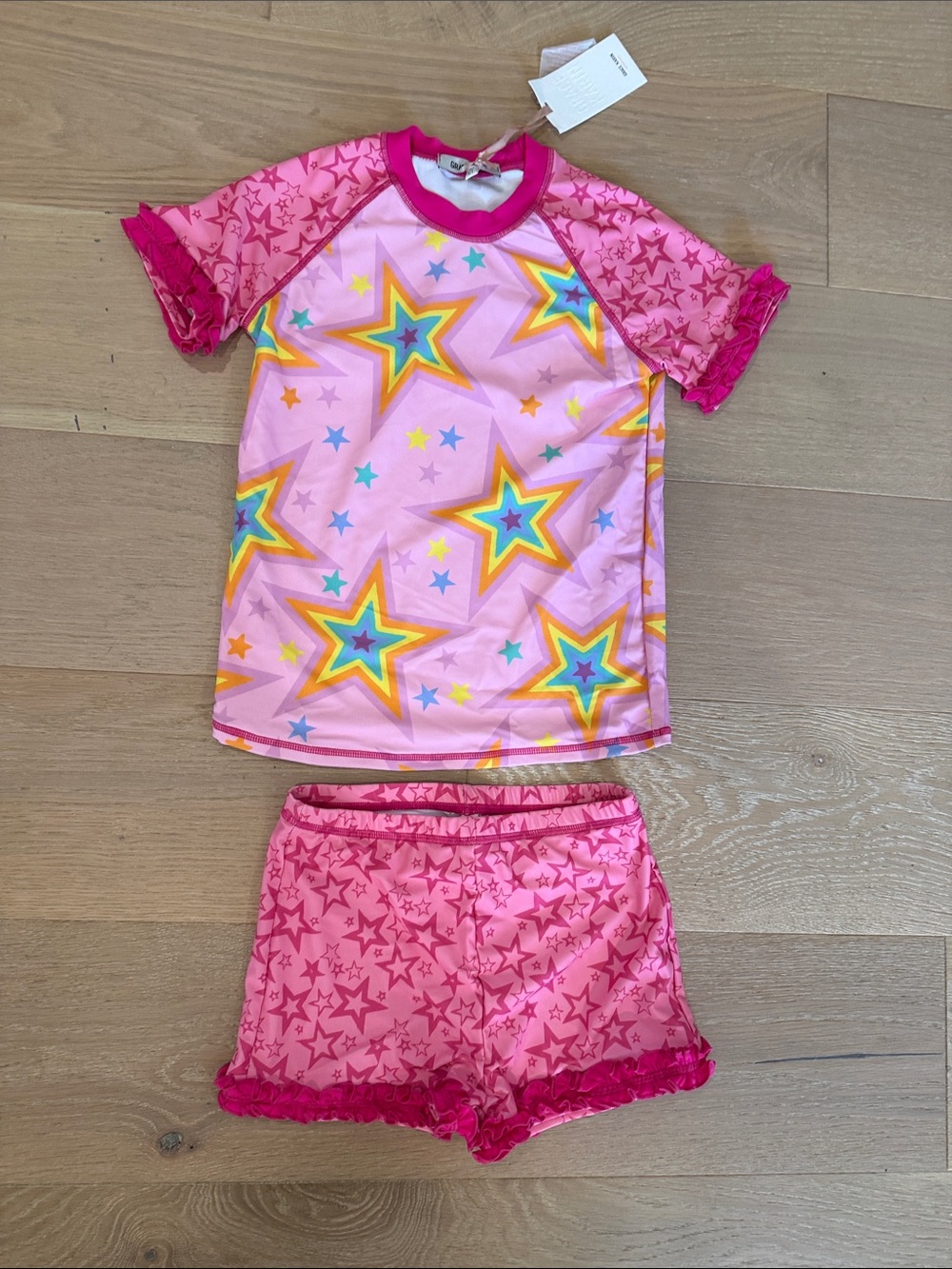 NWT Grace Karin Pink Star-Print Girls' Short Sleeve Rashguard Set size 10